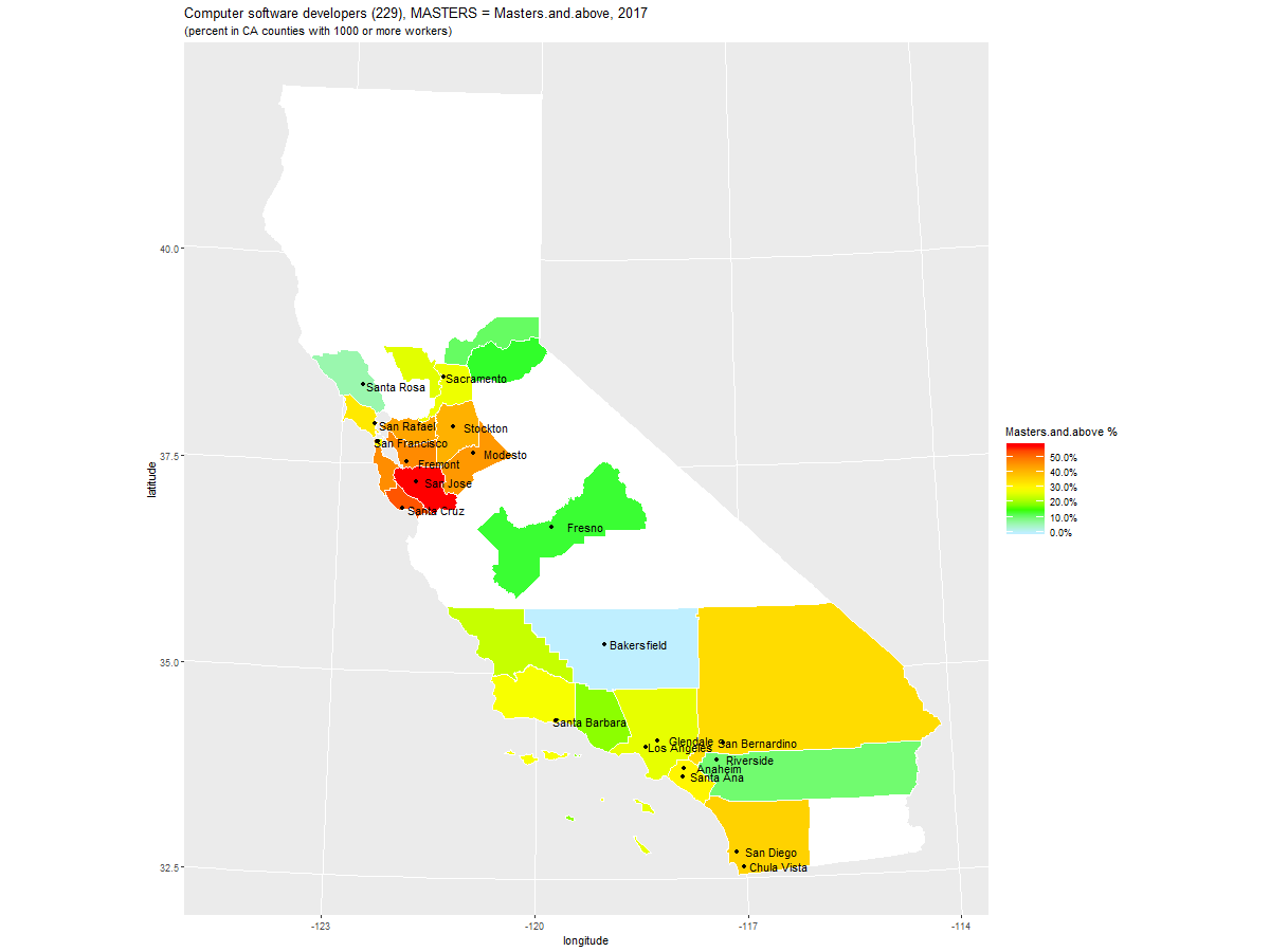 Percentage of Computer Software Developers (229) with Masters Degrees and Above by U.S. State, 2017